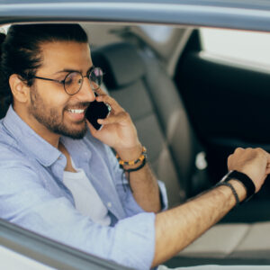 Happy Indian Man Going To Airport By Taxi